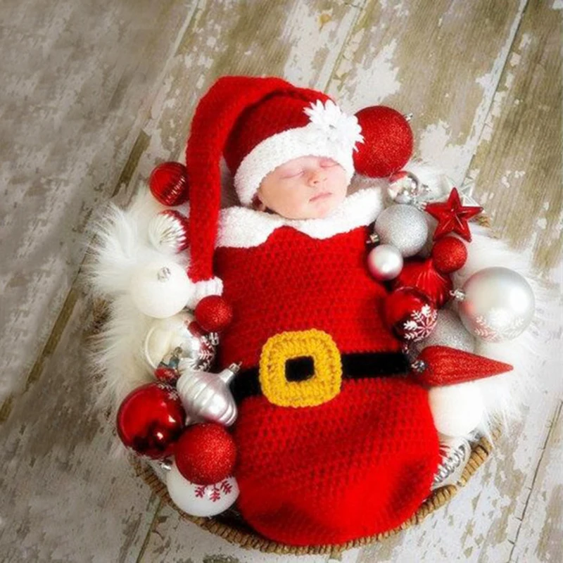 

Baby Christmas Costume Newborn Photography Props Santa Claus Beanie Hat + Clothes Crochet Clothing Set A105 Baby Shower Gifts