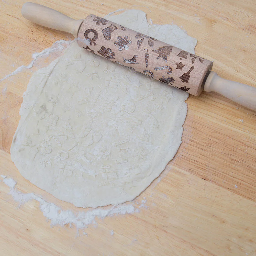 

Newly Christmas Deer Pattern Embossing Rolling Pin Wooden For DIY Kitchen Cookies Pizza TE889