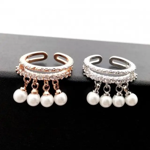 Women Adjustable Ring Rose Gold-color  Simulated Pearl Jewelry Rings With Micro Pave Zircon Decoration Fine Gift