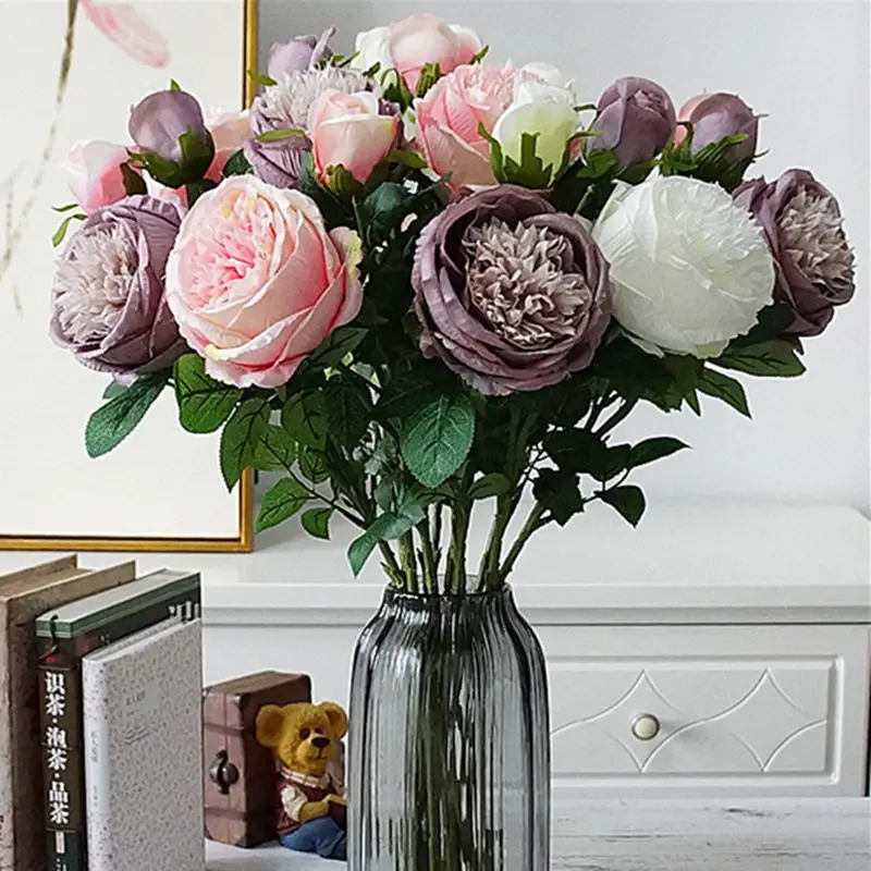 Highly recommend 2Heads Artificial rose branch Simulation peony flowers flores for autumn home hotel wedding decoration rose