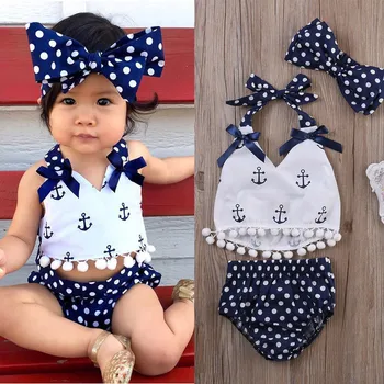 0-24months Baby Girls 3pcs Set Sleeveless Sling Polka Print Girls Blue Polka Dot Shorts Outfits Headband Baby Girls Clothes Set 1