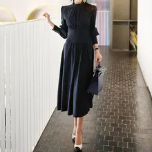Осеннее корейское офисное женское платье, винтажное элегантное офисное платье, стенд для одежды, воротник с длинным пышным рукавом, темно-синее платье миди