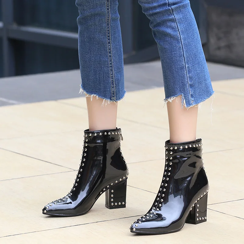 WETKISS High Heels Women Ankle Boots Pointed Toe Footwear Patent Pu Rivet Ladies Boot Fashion Party Shoes Women New Winter