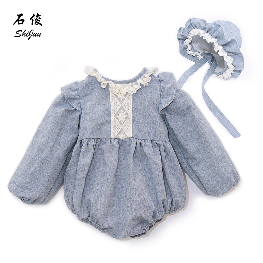 

MyLittleOne 2019 Summer 2019 Spain Style Linen Lace baby Girl Romper with Bonnet set