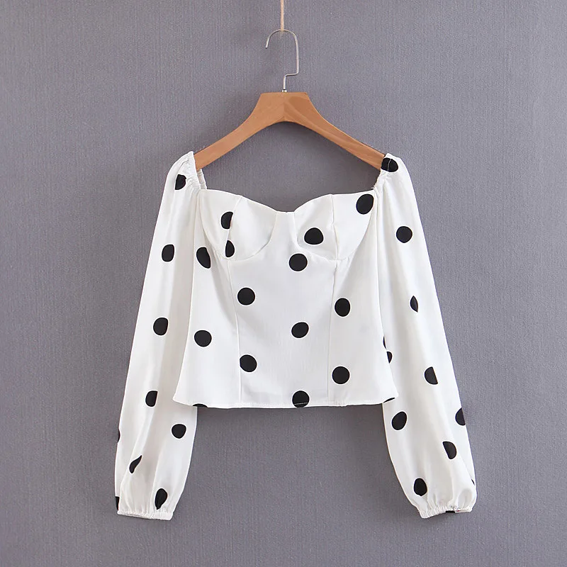 

CS897 Spring Summer Classic Big Dot Print Long Sleeve Slim Shirts White Color Long Sleeve Crop Tops Blouse