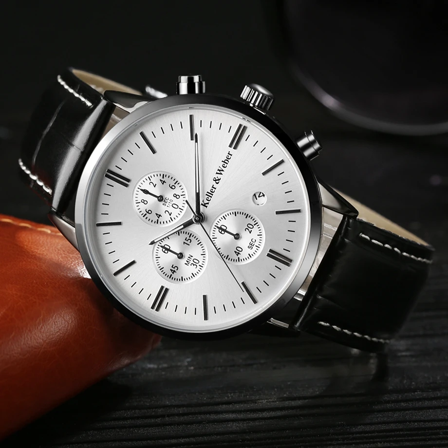 Keller & Weber Mens Watches 30m Waterproof Quartz Business Watches Date Display Genuine Leather Band Relogio Masculino Best Gift (30)