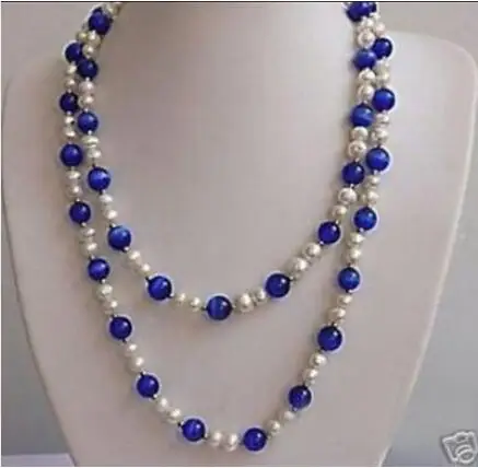 

Free Shipping>>new hot 51 inches beautiful White pearl&Blue opal necklace