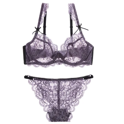 

Women's underwear set sexy bra fashion purple sexy lace plus size mm ultra-thin white large size bra and panties