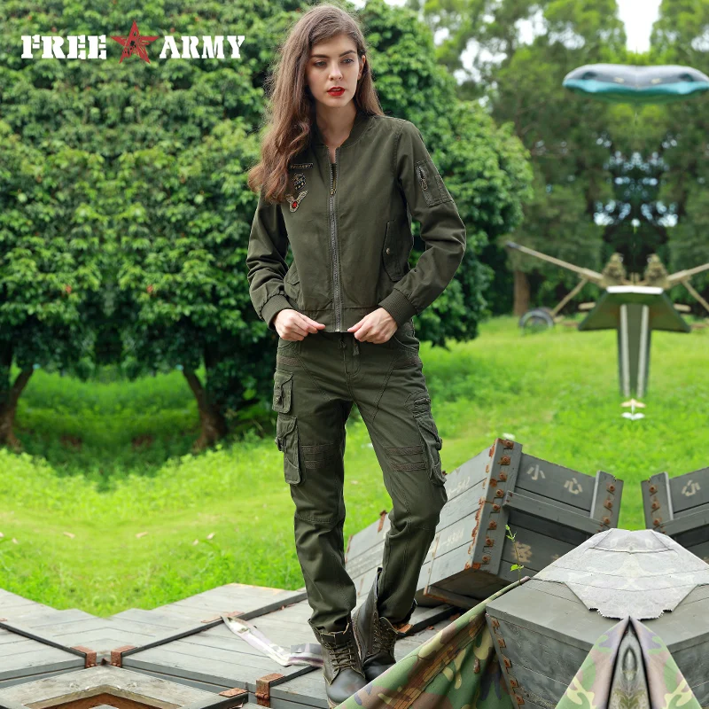 Ideal  FREE ARMY Brand New Autumn Woman Bomber Jackets Army Green Letters Print Casual Basic Jacket For Wo