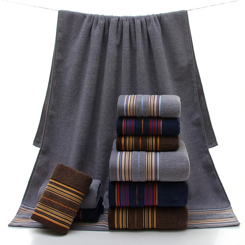 ZHUO MO 3-Pieces Thicker Stripe Pattern Soft Cotton Towel Set Bathroom Super Absorbent Bath Towel blue gray brown Face Towels