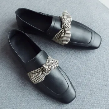 

3 Color plus size 33-41 women's genuine leather slip-on flats loafers brand designer square toe bowtie korean style spring shoes