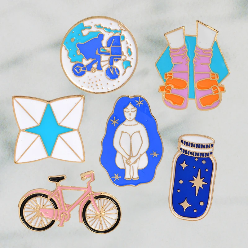 

2018 Promotion Cartoon Metal Enamel Girl Socks Bike Bicycle Wishing Bottle Safety Pin Hard Enamel Lapel Pin Badges Brooches