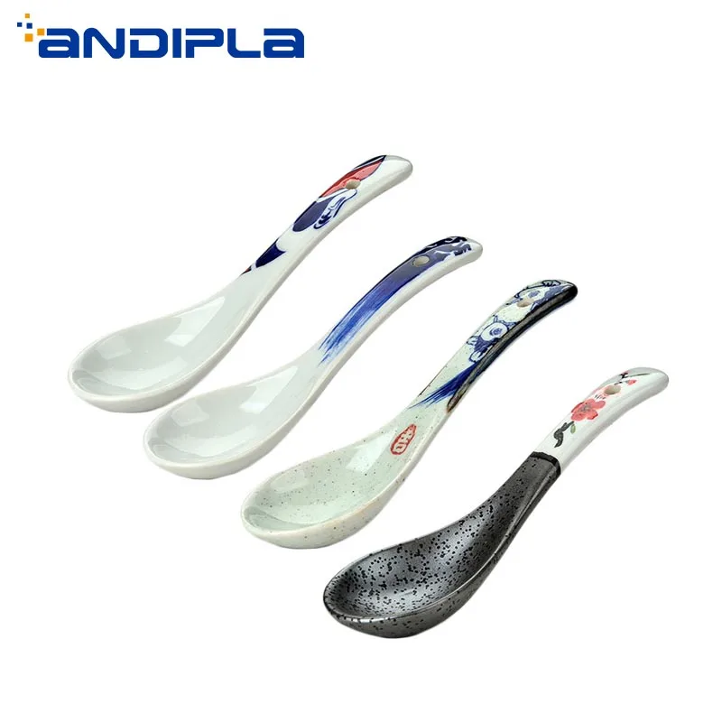 

2pcs/Lot Chinese Style Ceramic Soup Spoon Hand Painted Vintage Pattern Tableware Accessories Home Rice Scoops Dinnerware Gifts