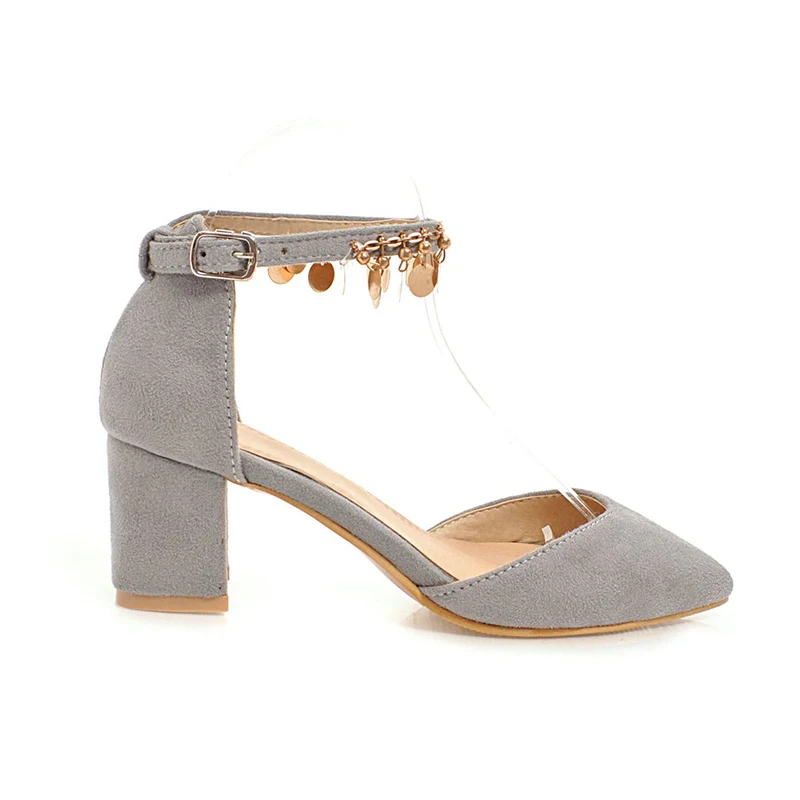 

2018 Plus Size 48 Women Summer 5.5cm High Heels Ankle Strap Metal Chain Sandals Female Block Heels Lady Fetish Sexy Gray Shoes