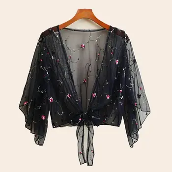 

Long Sleeve Embroidery Flower Mesh See Through Shirt Women Tee Tops Ladies Cardigan Kimonos Blouse Women Tops Outerwear