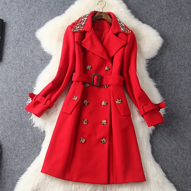 

Europe and the United States 2016 Winter new Diamond double breasted collar Monochrome slim Trench coat