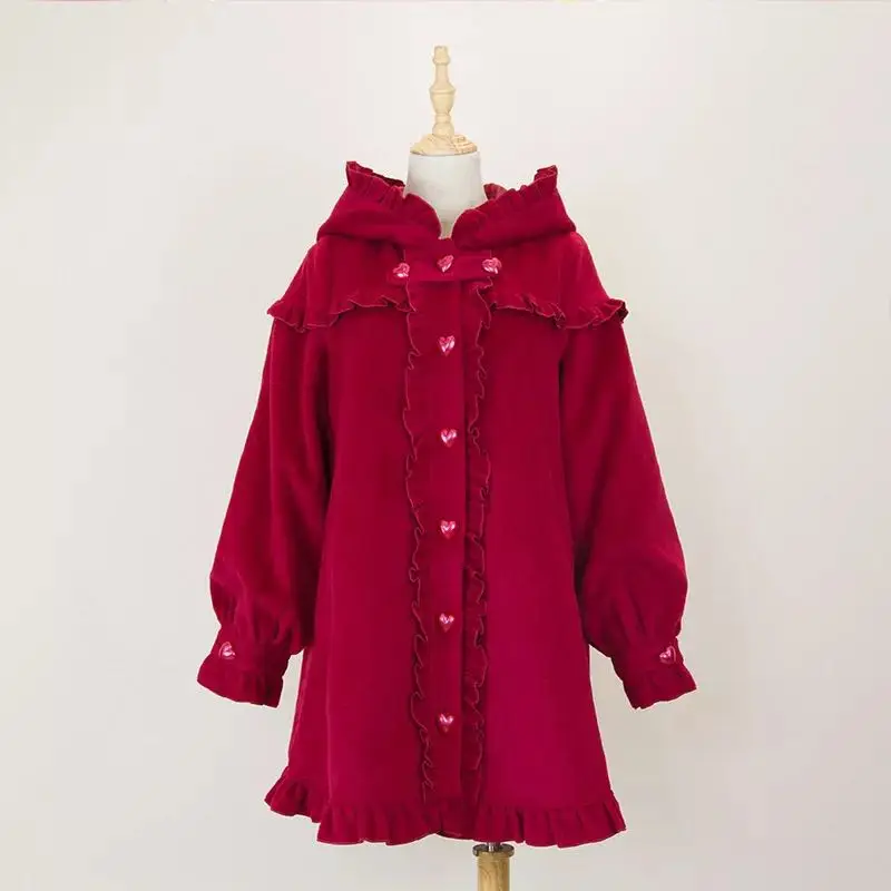 Осенне-зимнее винтажное японское милое пальто Лолиты, пальто falbala с пуговицами любви, викторианское пальто kawaii, пальто Лолиты в готическом стиле для девочек
