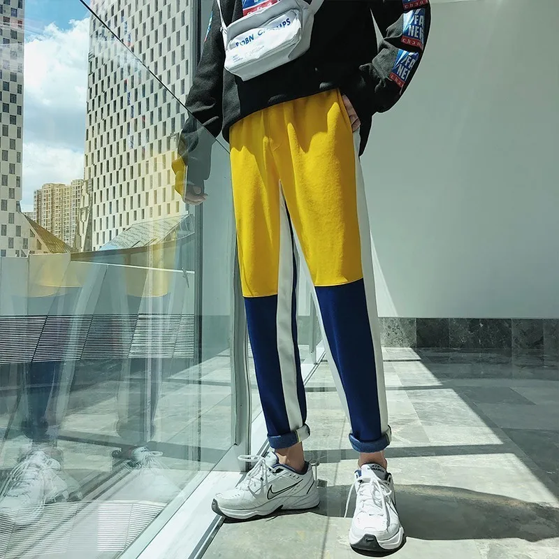 2018 новые осенние Для мужчин модные Повседневное свободные хит Цвет сращены бегунов Штаны Эластичный Пояс прямые брюки движения мужской S-2XL