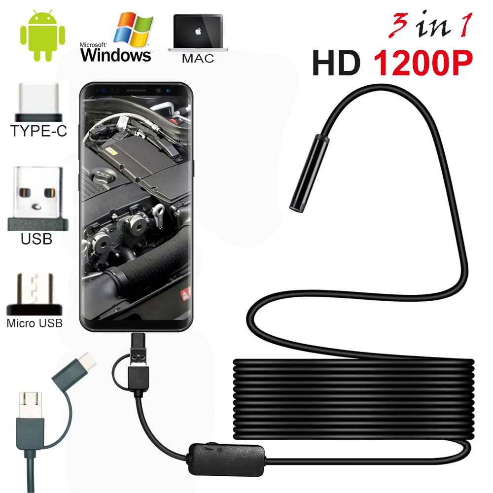 

Borescope Camera 8mm Len Inspection Pipe Android 3in1 Endoscope 2-10m USB Cable Searching Thing Camcorder IP68 Waterproof Camera