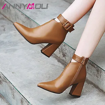 

ANNYMOLI Autumn Ankle Boots Women Buckle Thick High Heels Short Boots Fashion Zip Pointed Toe Shoes Lady Winter Plus Size 34-43
