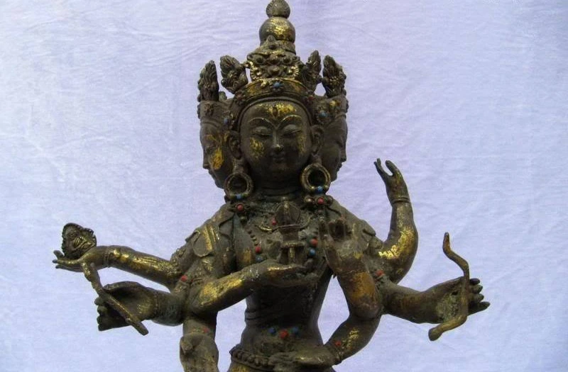

16"Nepal Buddhism Copper Bronze 3 Face 8 Armed Zun Sheng Bulmo Buddha Statue