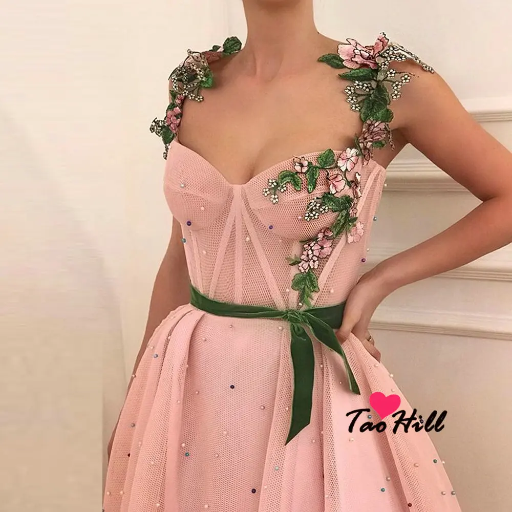 TaoHill Vestido Longo De Festa трапециевидные Цветочные ремешки с бархатным поясом Милое сексуальное платье с вырезом розовые вечерние платья