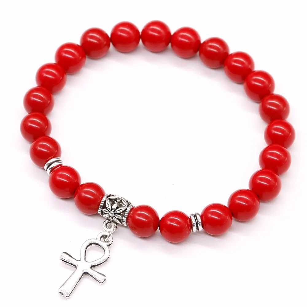 Red cinnabar Stone Beads Bracelet , Natural Stone White Tridacna Egyptian Ankh Cross Pendent Jewelry For Women and Men Bracelet - Image 2