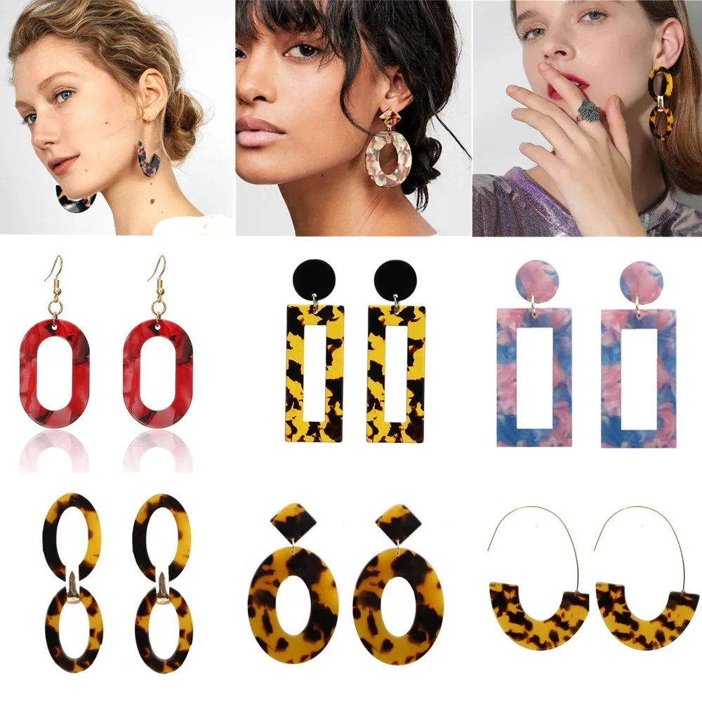 

SexeMara ZA Fashion Leopard Print Multicolor Acrylic Acetic Acid Drop Earring Women Personality Simple Geometric Pendant Earring