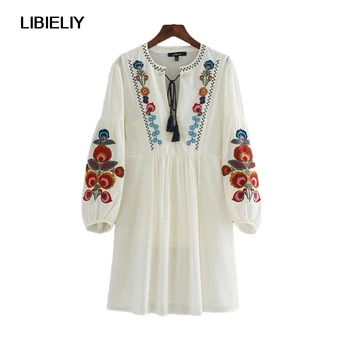 

Floral Embroidery Two Pieces Set Dress Women Nice Fashion Bow Tie Lantern Sleeve Loose Dresses Women Vintage Casual Dress Female