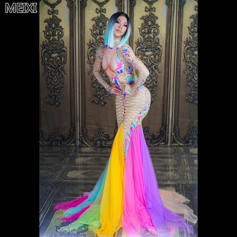

Sexy colorful lace mesh print stretch rainbow dress birthday party nightclub bar concert DJ singer/dancer costume
