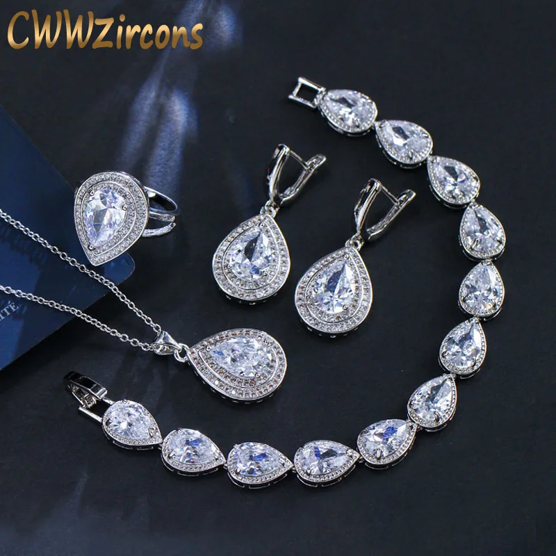 CWWZircons, красивые женские серьги-подвески, браслет и кольца, комплект из 4 предметов, роскошные капли воды, кубический цирконий, ювелирные наборы, T015 - Окраска металла: 4 pcs set