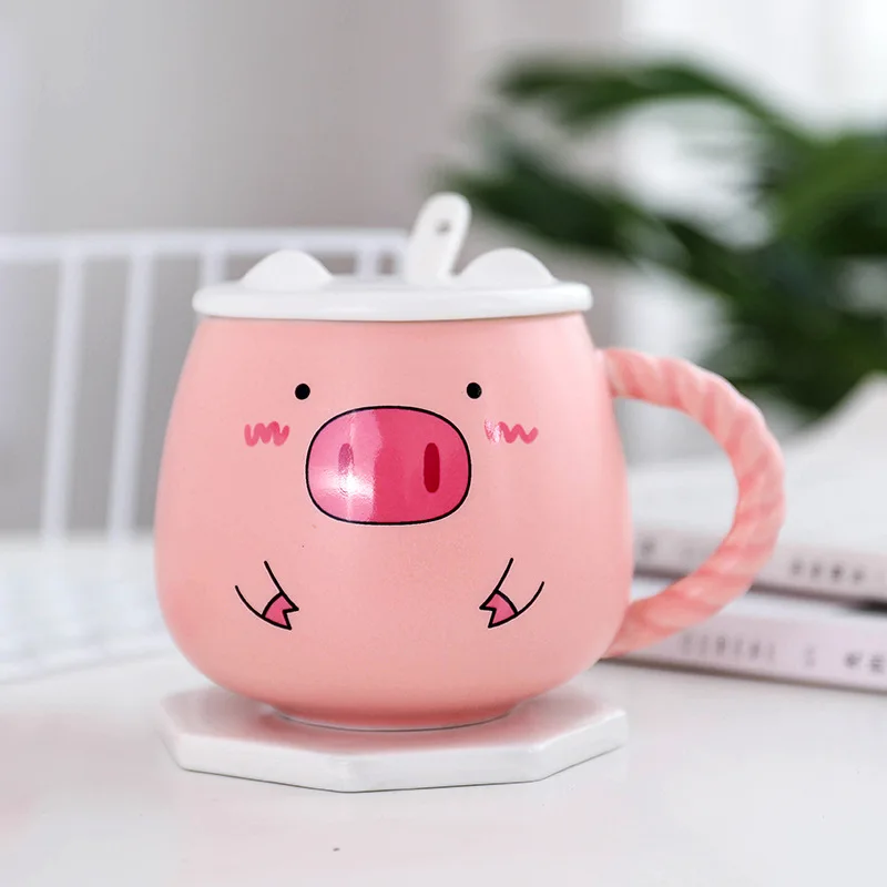 

400ML cute pig ceramic mugs pink pig breakfast milk cup with lid spoon lady gift coffee mug handle creative ceramic cups