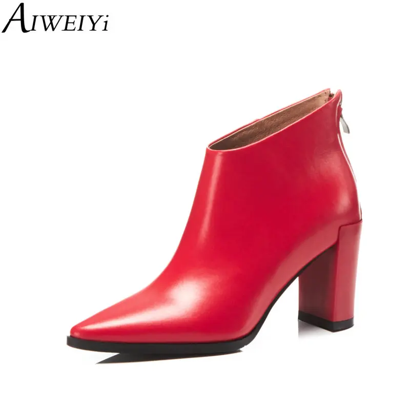 

AIWEIYi Pointed toe Ankle Boots for Women Black Genuine Leather Boots Autumn Winter Short Boots Red Ladies Wedding Shoes Woman