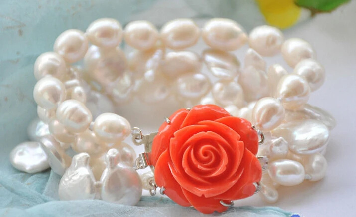 

P5309 4row 8" 14mm white coin baroque rice freshwater pearl bracelet@^Noble style Natural Fine jewe SHIPPING new >>free shipping
