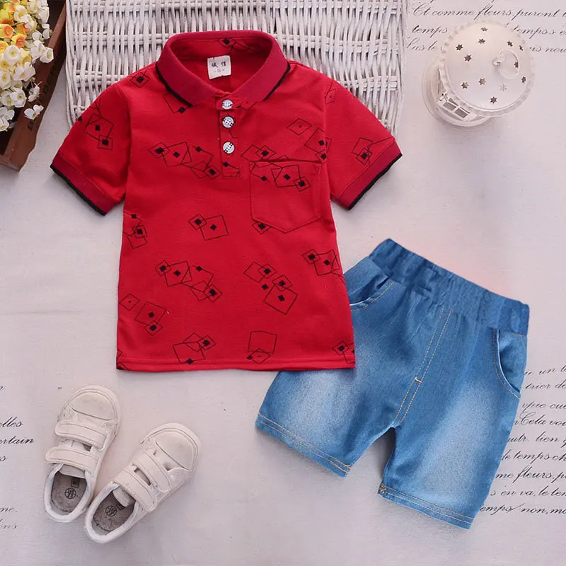 2019 new boys short sleeve clothing set Boy cotton lapel print T shirt ...