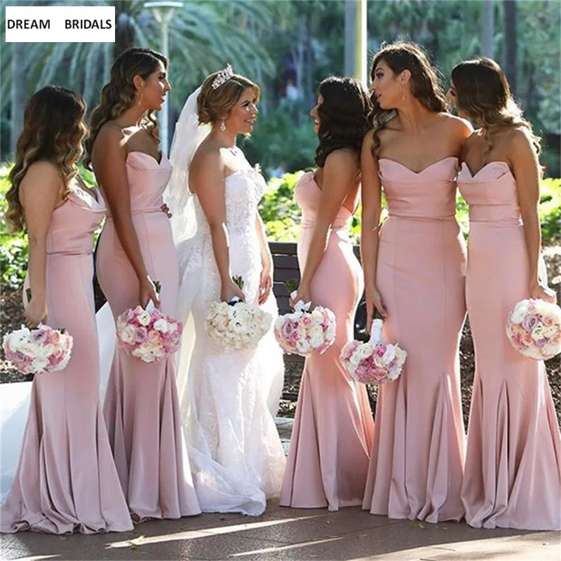 Мода Русалка подружки невесты платья для женщин 2019 Милая рукавов длиной до пола эластичный атлас свадебное платье гостей дешевые