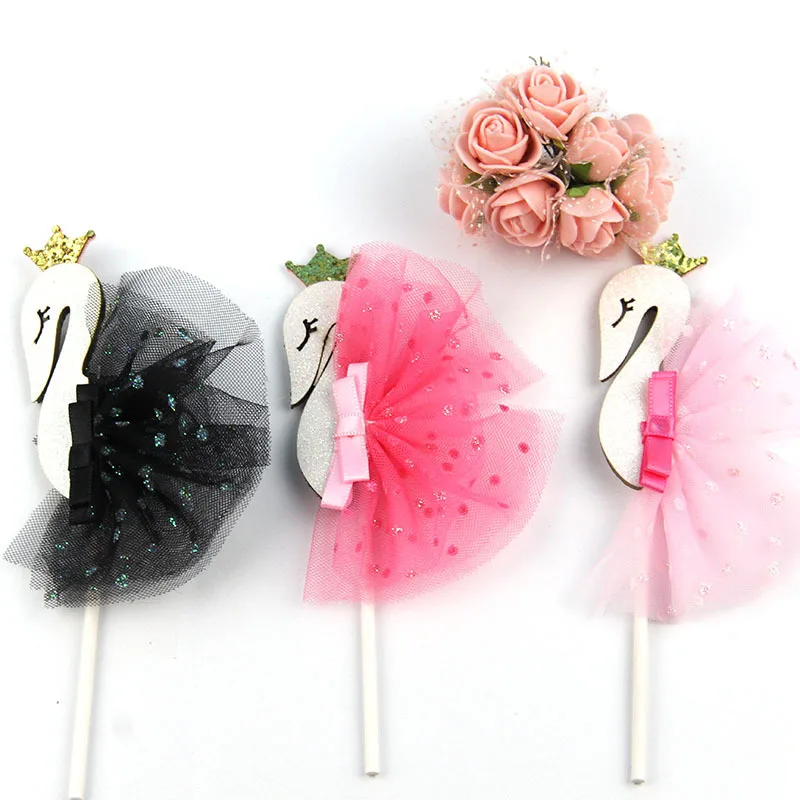 Cake Flags Cupcake Cake Topper Swan Crown Yarn Toppers Bride Kids Birthday Wedding Bridal Cake Wrapper Party Baking DIY Flags