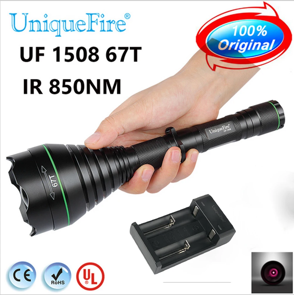 

Uniquefire 1508 67T IR 850NM Flashlight Invisible Authentic And Adjustable Zoom Torch For Camping Hunting+Charger