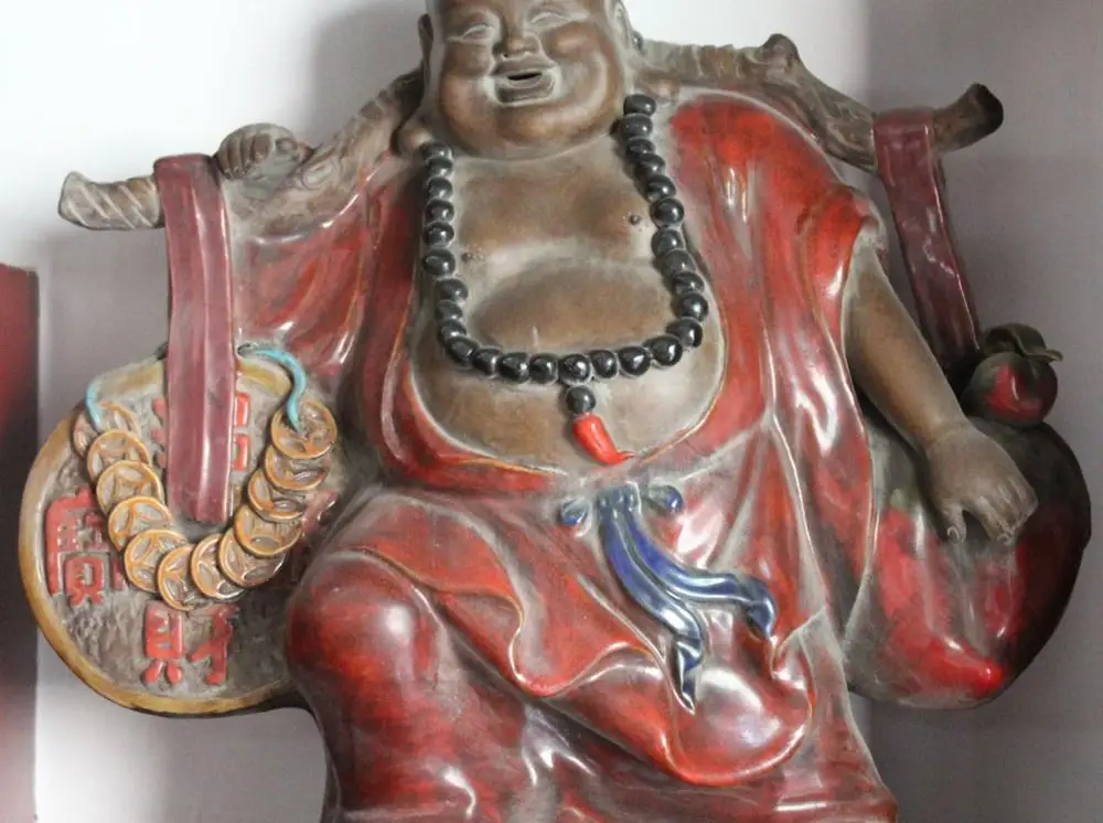 

17"Old China Wucai Porcelain Happy laugh Maitreya Buddha Wealth Money Bag Statue