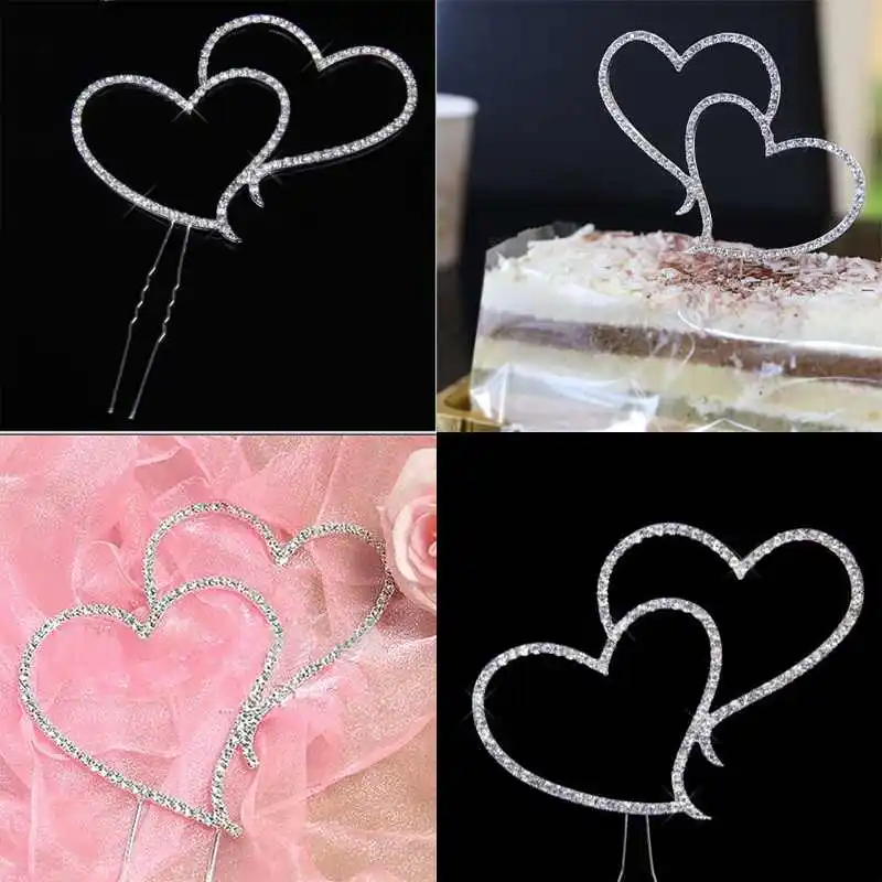 Romantic Crystal Rhinestone Silver Double Heart Cake Topper Weddin