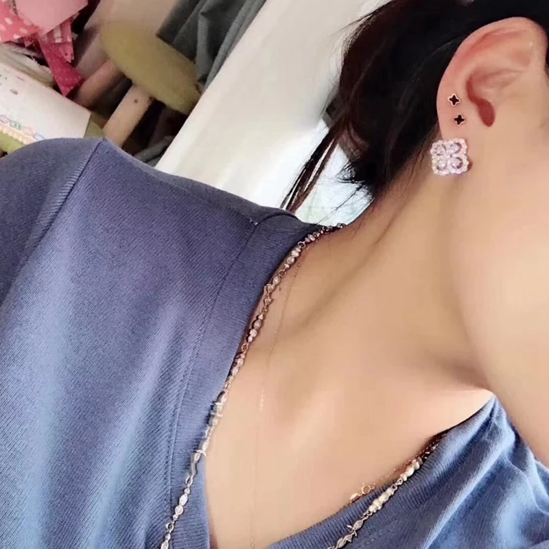 AAA Циркон Серебро 925 пробы четыре листа клевера серьги гвоздики + ожерелье с