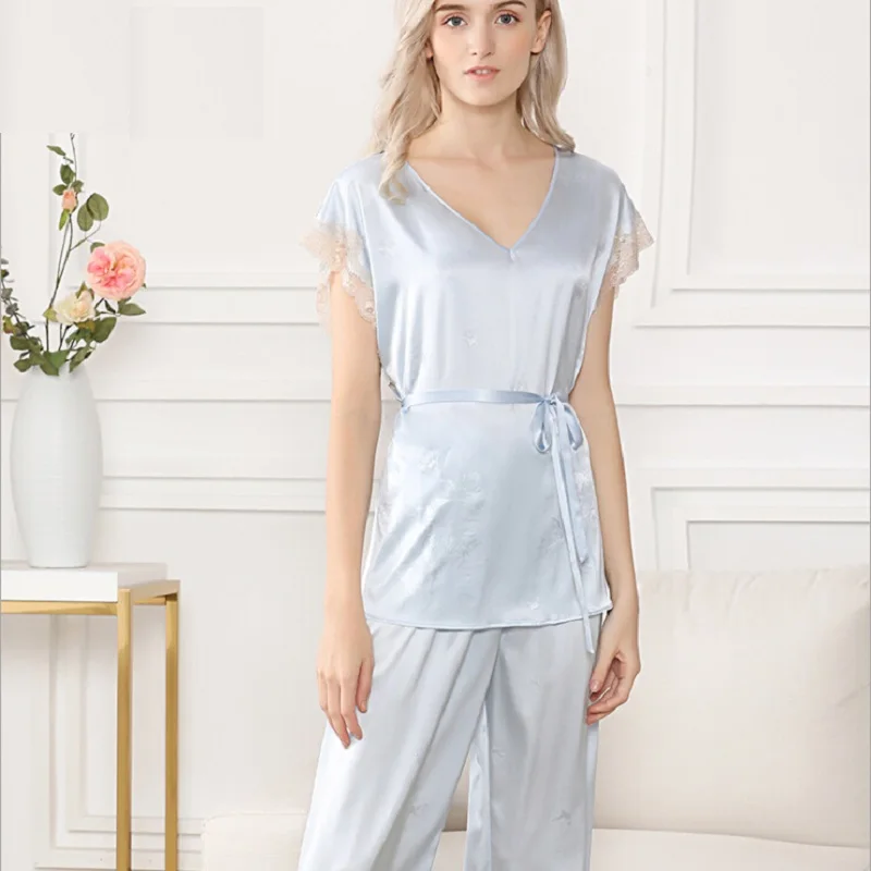 

Silk Pajamas Summer sleepwear 2019 Pijamas women pajama set night suit nightwear silk stain pink blue short sleeve sleepwear set