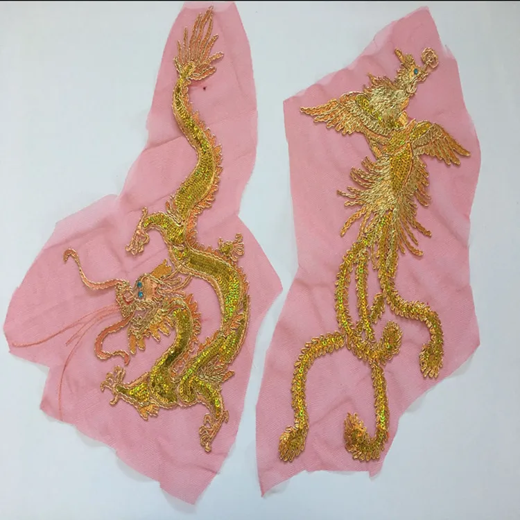 SASKIA 2 шт. китайский вышитый дракон нашивки Вышивка Феникс патч золотые блестки блестка сетка ткань пришить Аппликация на одежду - Цвет: mix dsn