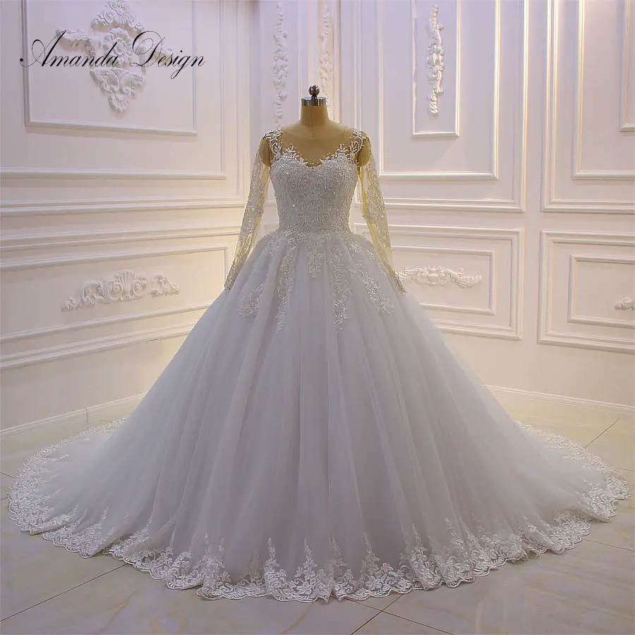Amanda дизайн robe de mariee с длинным рукавом Кружевное с аппликацией из бусин свадебное платье