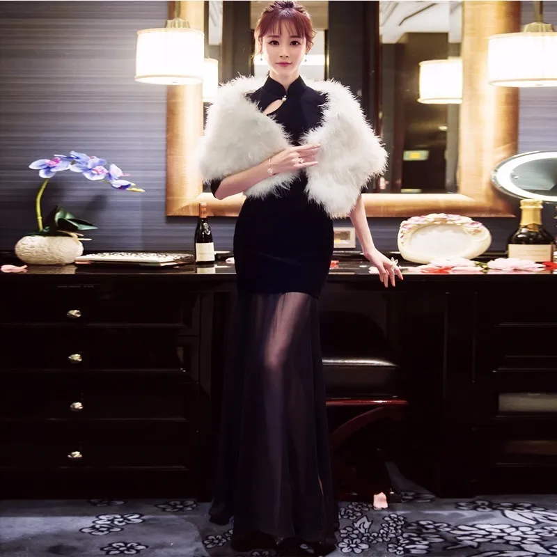 

Black Long Velvet Cheongsam Wedding Fashion 2017 New Chinese Traditional Dress Women Qipao Robe Chinoise Oriental Style Dresses