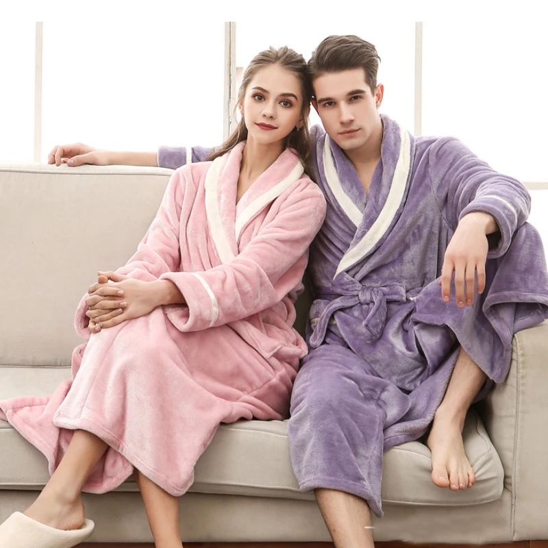 RB0289 теплый зимний халат для женщин и мужчин Фланелевая пижама длинный халат с длинными рукавами для влюбленных пар мужской женский халат плотного размера плюс халат