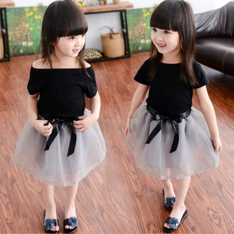 1 Baby Girls Princess Bow Knot Skirt Mesh Set Solid T-shirt + Tutu Mini Skirt Set Short Sleeved Tee Off Shoulder Girl Clothing