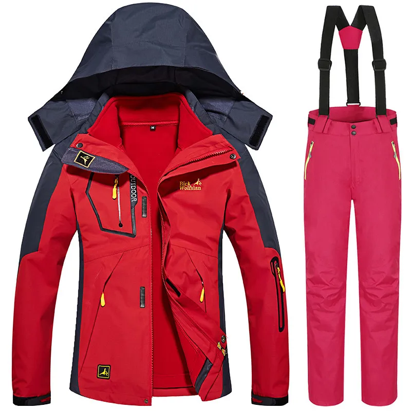 Зимние-30 градусов лыжные костюмы для женщин, для улицы, для снега, сноуборда, лыжная куртка, брюки, женская теплая водонепроницаемая одежда 3 в 1, комплект одежды - Цвет: Red    Rose red