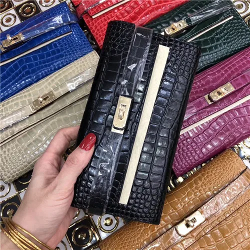 Kafunila роскошный брендовый кошелек женский из натуральной кожи deigner женский кошелек кожаный узор из крокодиловой кожи модный клатч bolsa - Цвет: Черный