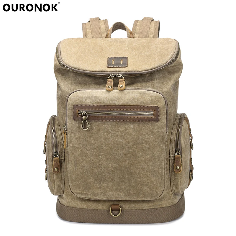 

OURONOK Men Design Student Retro backpack Travel Rucksack Rainproof Large Capacity Oil wax canvas Waterproof Vinetage Women bag